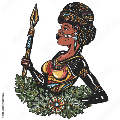 Australian ethnic tribe aboriginal woman. Ancient warrior girl. Old school tattoo vector art. Hand drawn graphic. Isolated on white. Traditional flash tattooing style