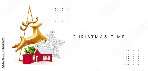 Merry Christmas and Happy New Year soft blue 3D design with Christmas town, deer jump and fir tree