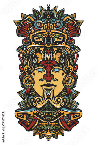 Ancient aztec totem, Mexican god. Mayan civilization. Idol. Old school tattoo vector art. Hand drawn graphic. Isolated on white. Traditional flash tattooing style