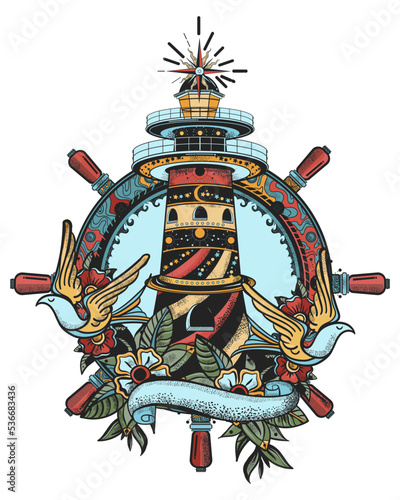 Lighthouse and sea ship steering wheel. Old school tattoo vector art. Hand drawn graphic. Isolated on white. Traditional flash tattooing style