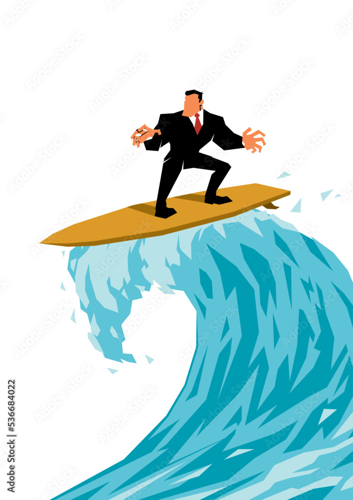 Businessman Surfing on Wave Isolated Businessman Surfing on Wave Isolated