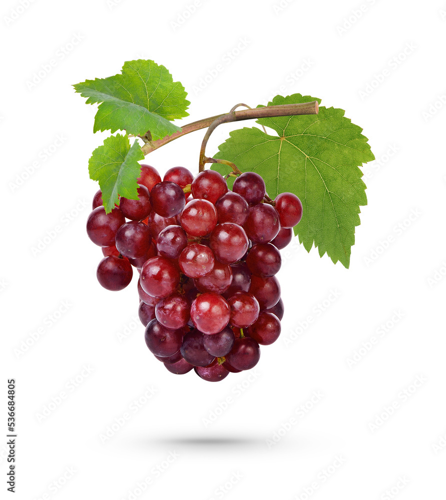 Obraz premium Fresh red grape with leaves isolated on transparent background. (.PNG)