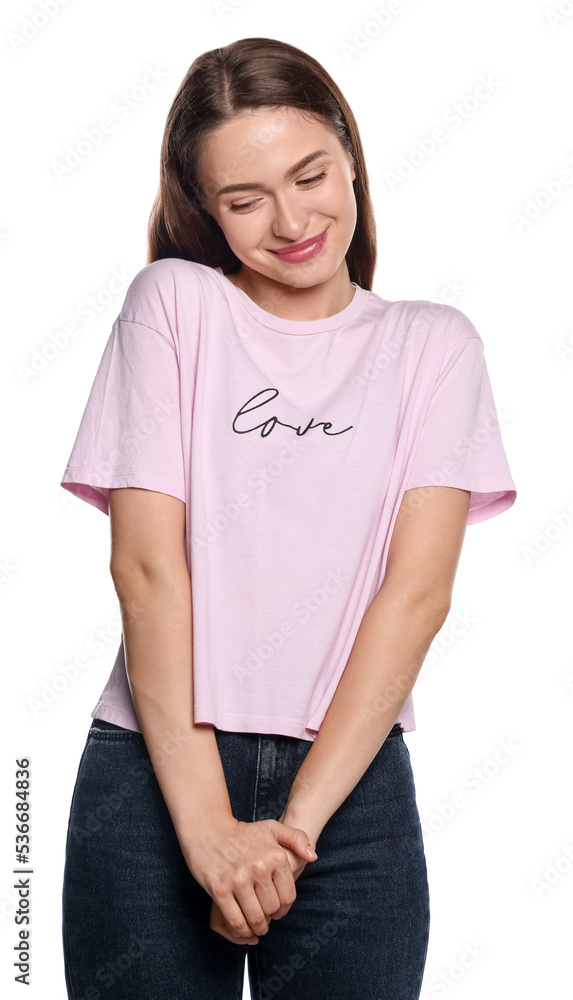 Embarrassed young woman in shirt on white background Embarrassed young woman in shirt on white background