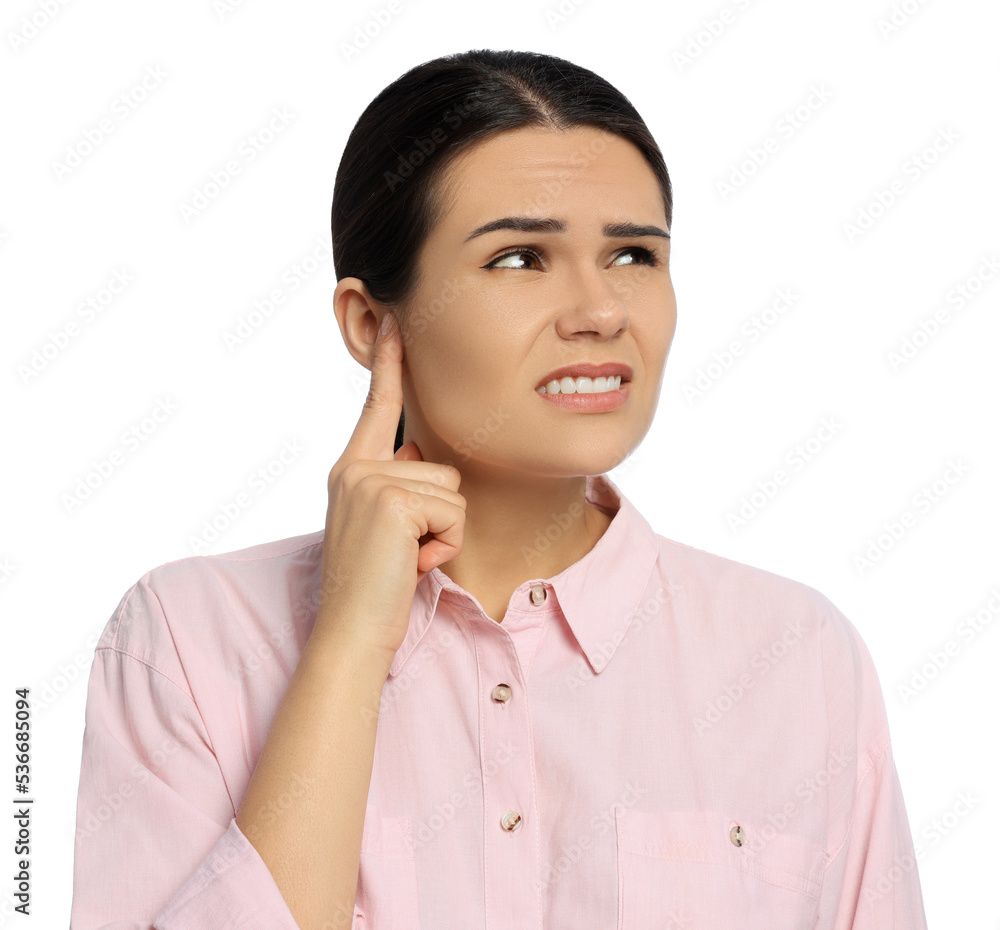 Young woman suffering from ear pain on white background Young woman suffering from ear pain on white background