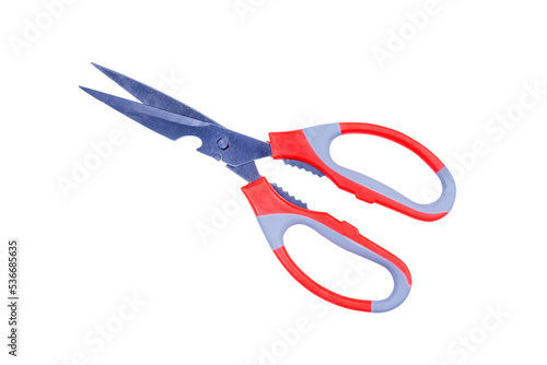 Top view of multipurpose kitchen scissors isolated on white background. photo