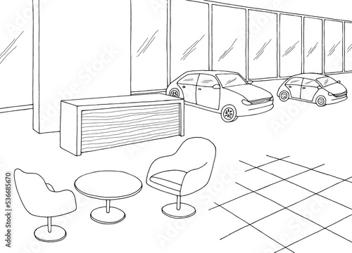 Car showroom graphic black white store interior sketch illustration vector 