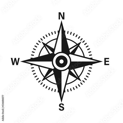 Vintage marine wind rose, nautical chart. Monochrome navigational compass with cardinal directions of North, East, South, West. Geographical position, cartography and navigation. Vector illustration.
