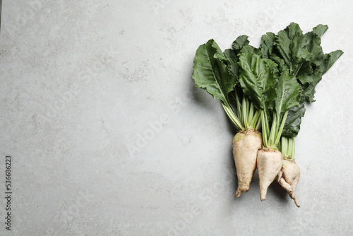Fresh sugar beets with leaves on light grey table, flat lay. Space for text