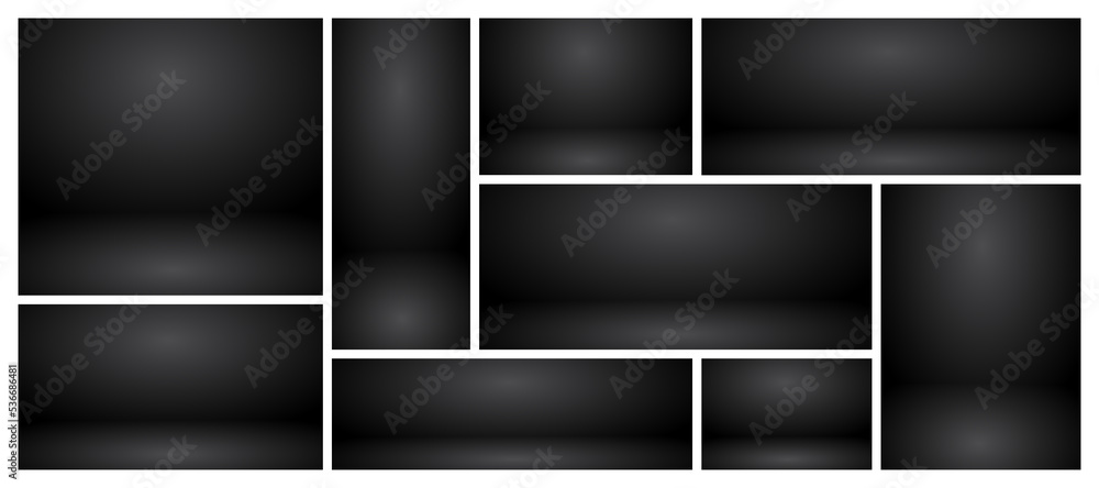 Empty black studio abstract backgrounds with spotlight effect. Product showcase backdrop. Stage lighting. Vector illustration