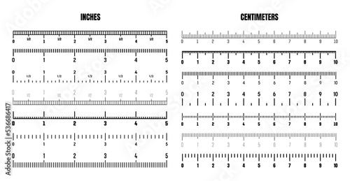 Realistic black centimeter and inch scale for measuring length or height. Various measurement scales with divisions. Ruler, tape measure marks, size indicators. Vector illustration