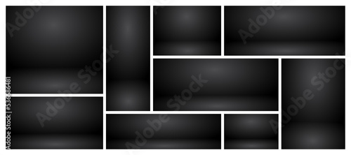 Empty black studio abstract backgrounds with spotlight effect. Product showcase backdrop. Stage lighting. Vector illustration