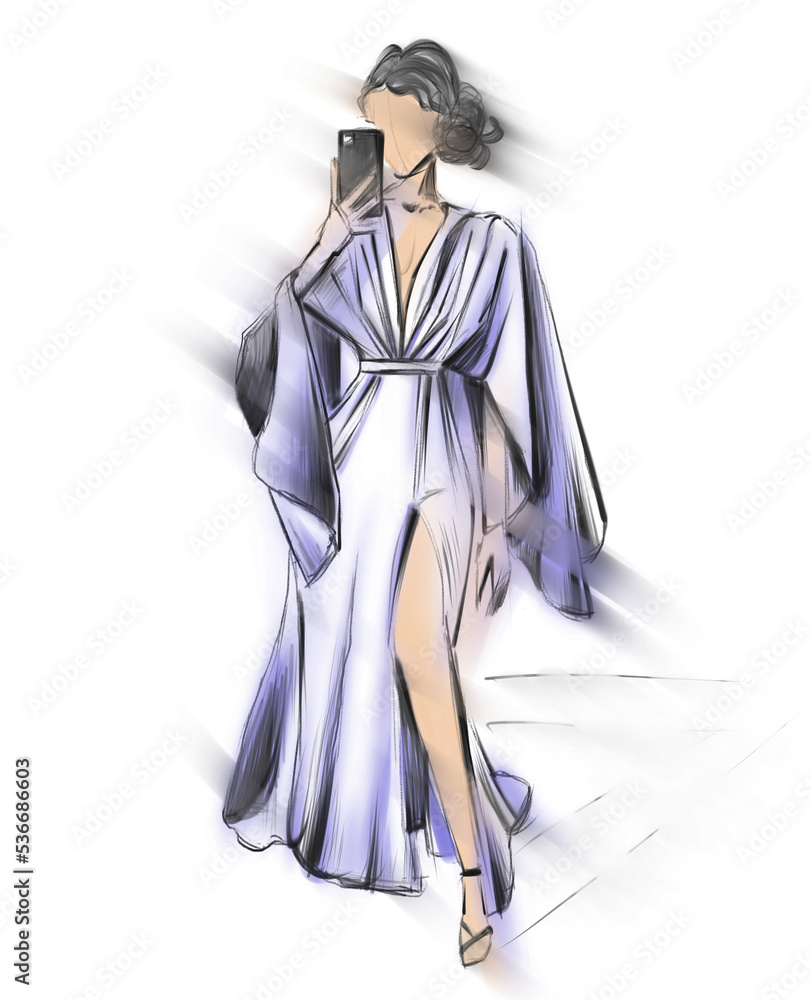 model in dress with hair. Illustration of a fashion model in a long purple dress. Bright sketch from fashion week. Stylish sketch of a girl.