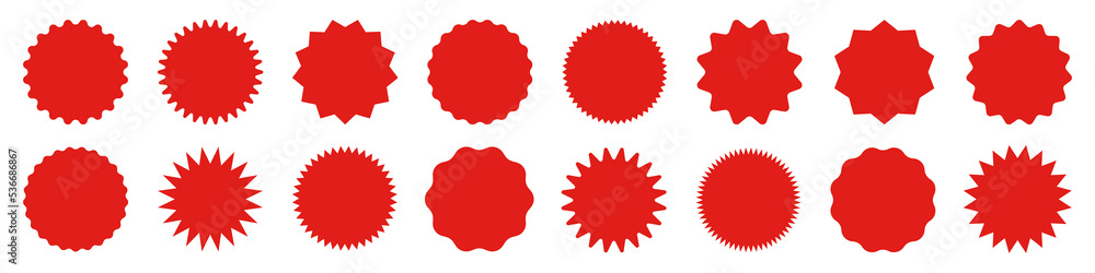 Red shopping labels collection. Sale or discount sticker. Special offer price tag. Supermarket promotional badge. Vector sunburst icon.