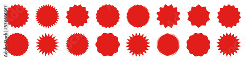 Red shopping labels collection. Sale or discount sticker. Special offer price tag. Supermarket promotional badge. Vector sunburst icon.