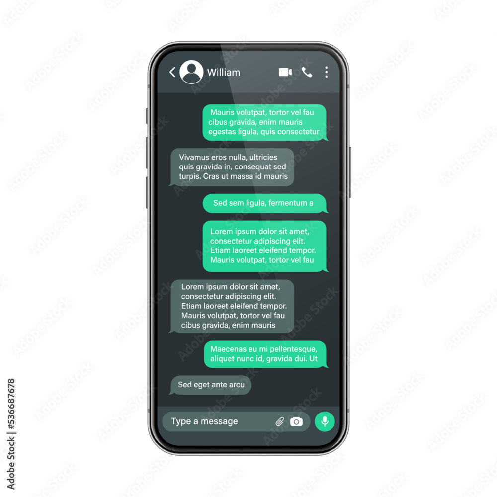 Realistic smartphone with messaging app. SMS text frame. Conversation chat screen with green message bubbles and placeholder text. Dark mode. Social media application. Vector illustration Realistic smartphone with messaging app. SMS text frame. Conversation chat screen with green message bubbles and placeholder text. Dark mode. Social media application. Vector illustration