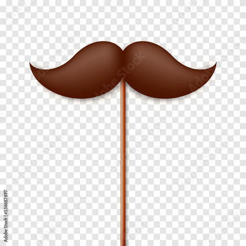 Realistic fake mustache on a wooden stick. Vintage paper mustache for carnival or holiday. Brown facial hair, hipster beard. Vector illustration