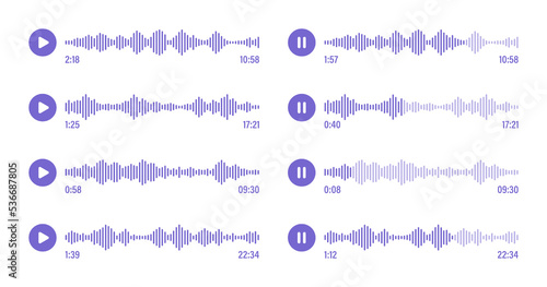 Voice message  social media chat conversation. Messaging app  music player  audio or video editor interface element. Voice assistant  recorder. Sound wave pattern. Vector illustration