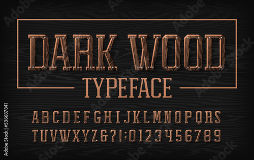 Dark Wood alphabet font. Chiseled letters and numbers with nails. Stock vector typescript for your design.