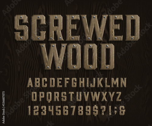 Screwed Wood alphabet font. Wooden letters and numbers with screws. Stock vector typescript for your design.