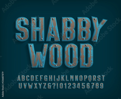 Shabby Wood alphabet font. Painted wooden letters and numbers with screws. Stock vector typescript for your design.