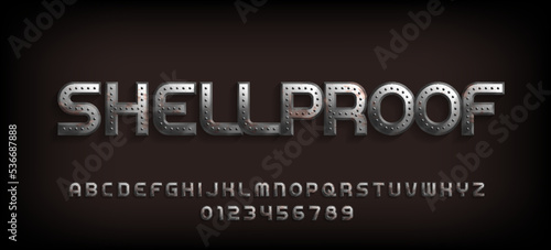 Shellproof alphabet font. Rusty metal letters and numbers with rivets. Stock vector typeface for your design. photo