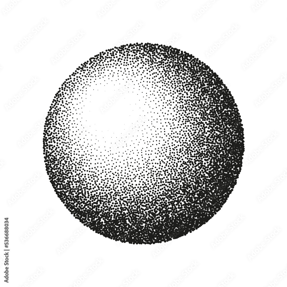 Round shaped dotted object, stipple elements. Fading gradient. Stippling, dotwork drawing, shading using dots. Pixel disintegration, halftone effect. White noise grainy texture. Vector illustration Round shaped dotted object, stipple elements. Fading gradient. Stippling, dotwork drawing, shading using dots. Pixel disintegration, halftone effect. White noise grainy texture. Vector illustration