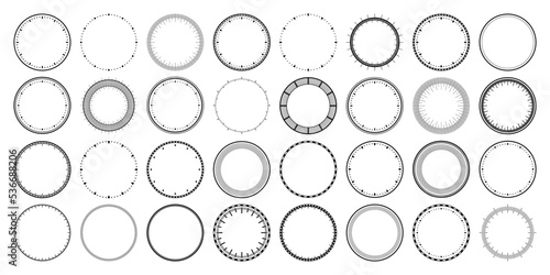 Mechanical clock faces, bezel. Watch dial with minute and hour marks. Timer or stopwatch element. Blank measuring circle scale with divisions. Vector illustration.