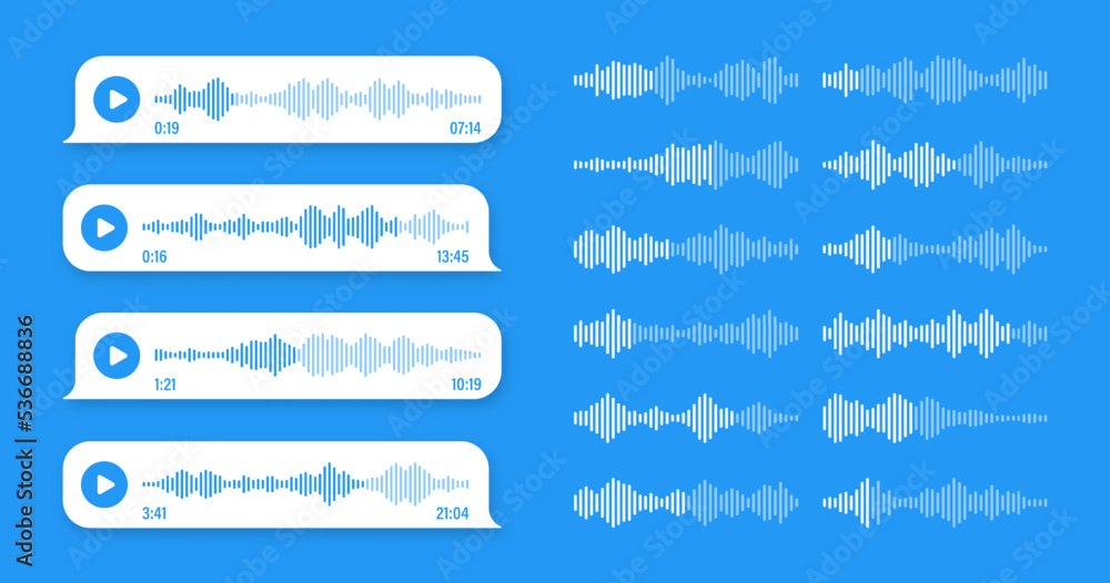 Voice, audio message, blue speech bubble. SMS text frame. Social media chat or messaging app conversation. Voice assistant, recorder. Sound wave pattern. Vector illustration Voice, audio message, blue speech bubble. SMS text frame. Social media chat or messaging app conversation. Voice assistant, recorder. Sound wave pattern. Vector illustration