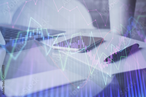 Double exposure of forex graph drawing and cell phone background. Concept of financial data analysis