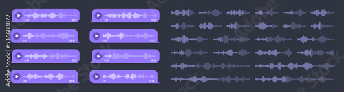 Voice, audio message, violet speech bubble. SMS text frame. Social media chat or messaging app conversation. Voice assistant, recorder. Sound wave pattern. Dark mode. Vector illustration