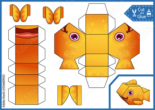 Craft game cut and glue paper toy fish. Create papercraft 3d toys. Activity gaming page. Birthday template worksheet. Vector printable art puzzle game.