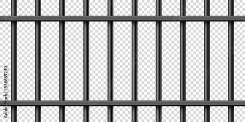 Black realistic metal prison bars. Detailed jail cage, prison iron fence. Criminal background mockup. Creative vector illustration.