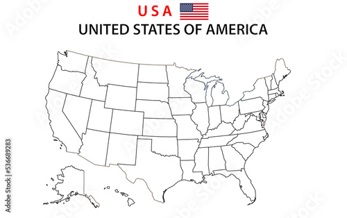 USA Map. Political map of the United States of America. US Map with white background and line map.