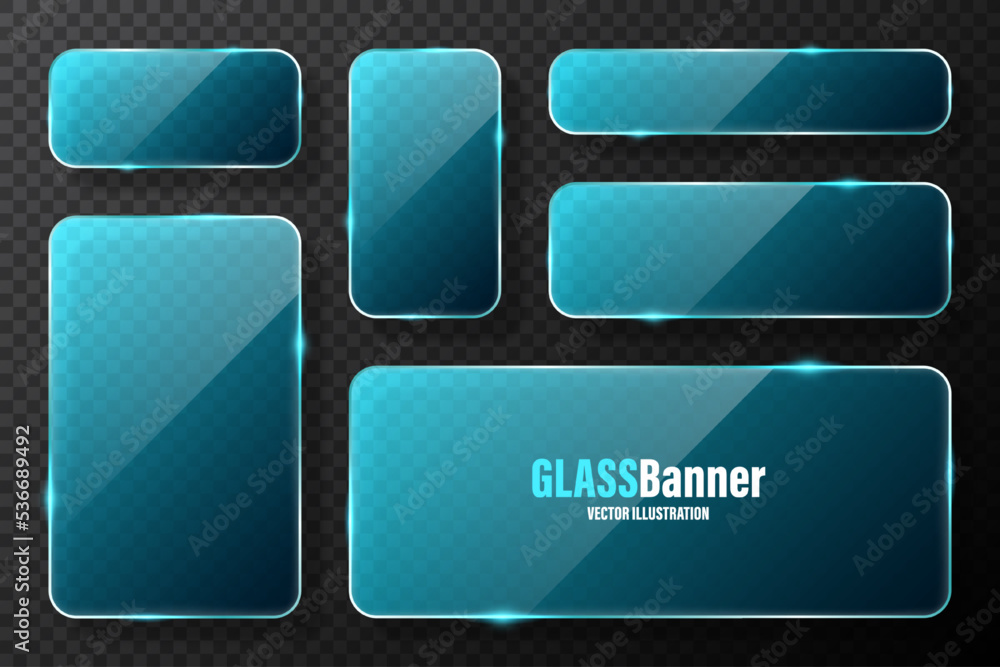 Realistic glass frames collection. Blue transparent glass banners with flares and highlights. Glossy acrylic plate, element with light reflection and place for text. Vector illustration Realistic glass frames collection. Blue transparent glass banners with flares and highlights. Glossy acrylic plate, element with light reflection and place for text. Vector illustration