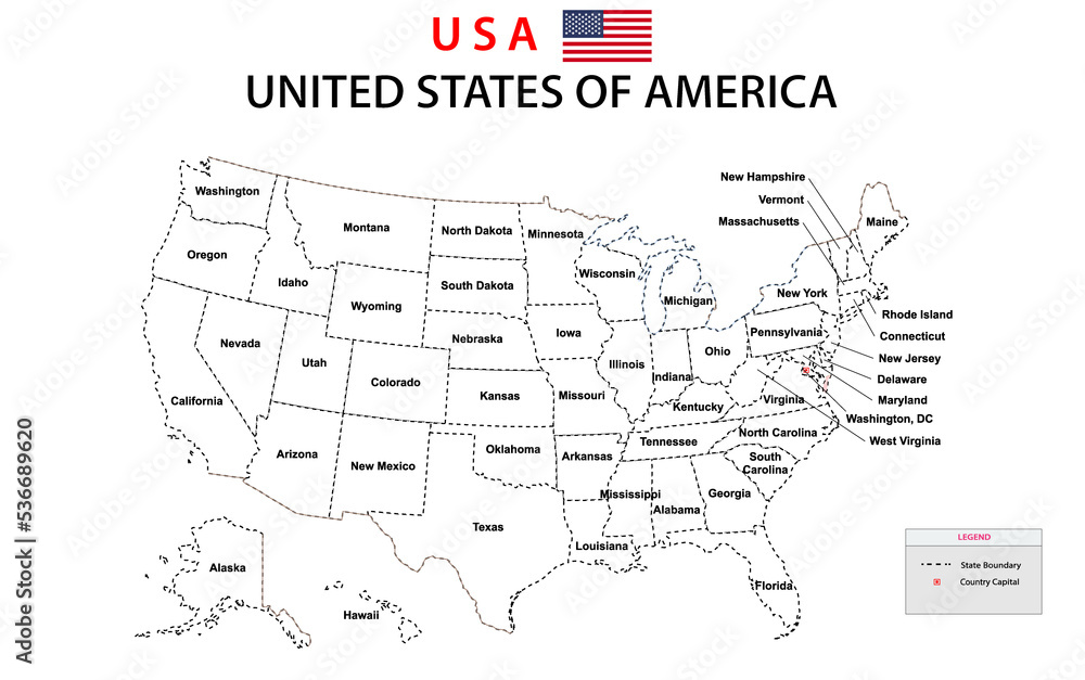 USA Map. Political map of the United States of America. US Map with white background and all states names.