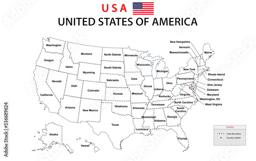 USA Map. Political map of the United States of America. US Map with white background and all states names.