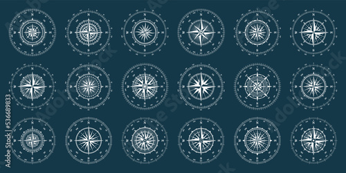 Vintage marine wind rose, nautical chart. Monochrome navigational compass with cardinal directions of North, East, South, West and degree markings. Geographical position, cartography and navigation.