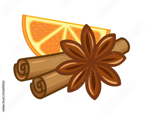 Vector illustration set of ingredients for mulled wine spices. A slice of orange fruit, cinnamon sticks and star anise