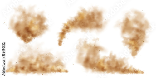 Realistic dust clouds isolated on white background. Sand storm with dirt particles, polluted dirty brown air, smog. Vector illustration