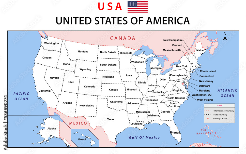 USA Map. Political map of the United States of America. US Map with neighboring countries names and borders.