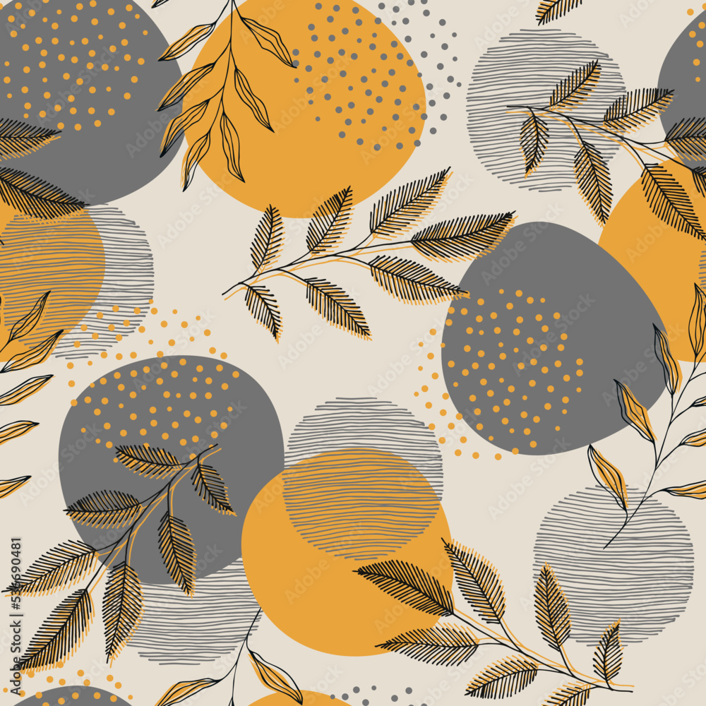 Vector pattern with leaves, stripes and dots. Scandinavian style. Linear boho sketch