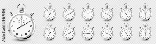 Realistic classic stopwatch icons. Shiny metal chronometer, time counter with dial. Countdown timer showing minutes and seconds. Time measurement for sport, start and finish. Vector illustration