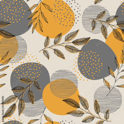 Vector pattern with leaves, stripes and dots. Scandinavian style. Linear boho sketch