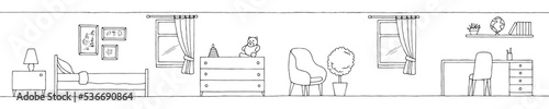 Children room graphic black white home interior sketch long illustration vector 