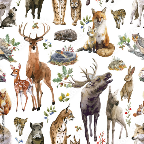 Beautiful vector seamless pattern with watercolor hand drawn forest wild deer elk lynx fox wolf snake rabbit squirrel animals with babies. Stock illustration.