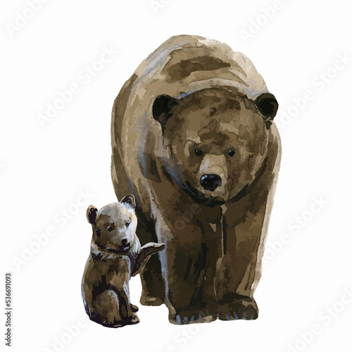 Beautiful vector stock illustration with hand drawn watercolor forest wild bear animal with baby. Clip art image.