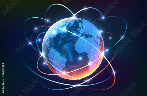 3d globe map with global social network connections, dots. Planet with glowing rays around the earth's orbit.