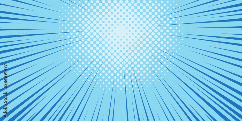 Obraz premium Blue Manga anime action frame lines with halftones. Pop art retro background with exploding rays of lightning comic style, vector illustration. Abstract explosive template with speed lines