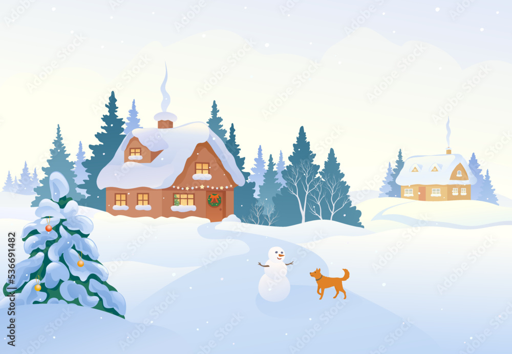 Vector cartoon illustration of a country snow scene, winter morning background Vector cartoon illustration of a country snow scene, winter morning background