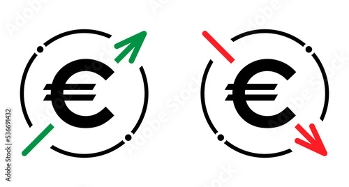 Set of cost symbol euro increase and decrease icon. Money vector symbol isolated on background